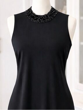 Black Beaded LBD Large Sleeveless A Line Shift Cocktail Wedding Guest Dress